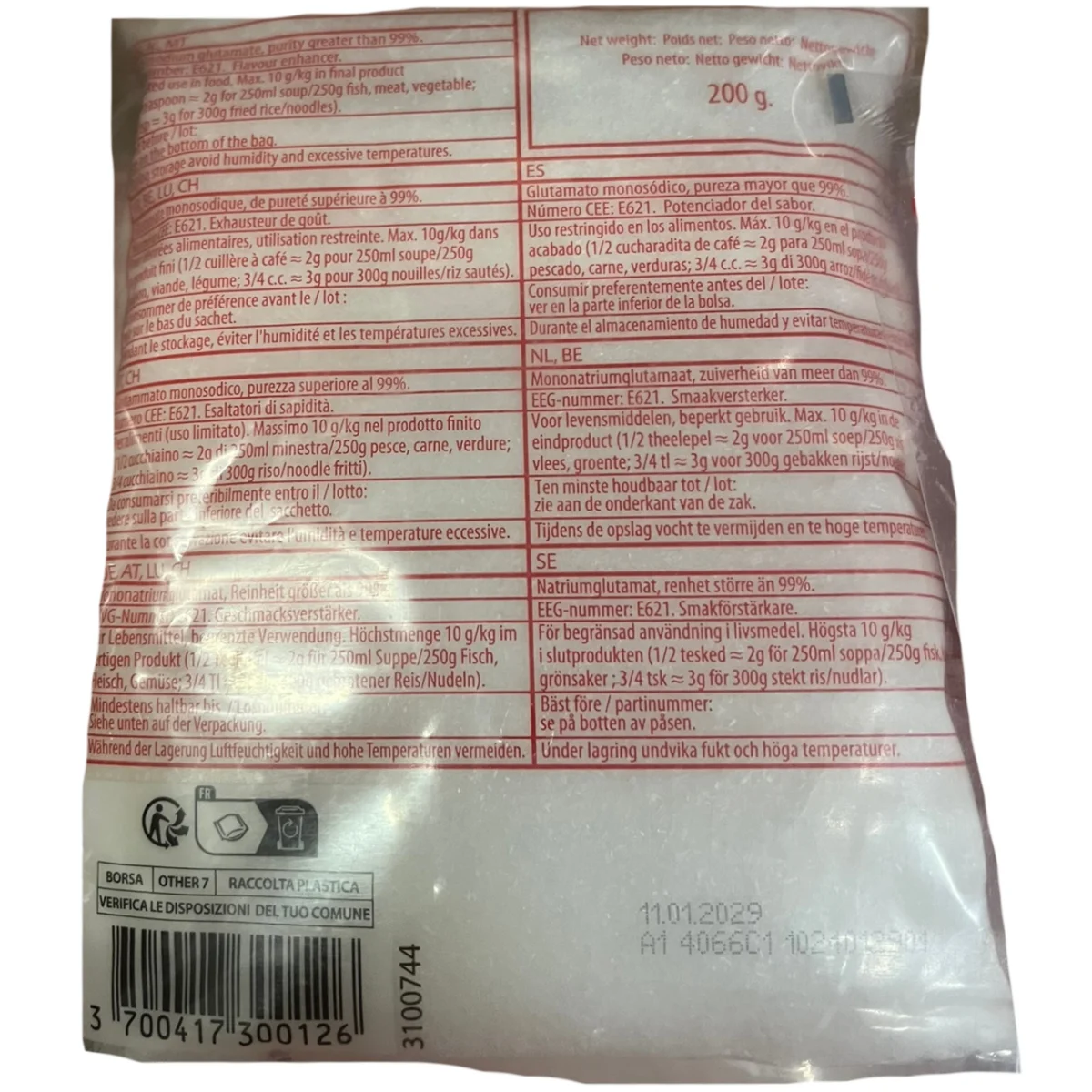 Ajinomoto glutaman sodný dochucovací prostředek 200g – pohled zezadu
